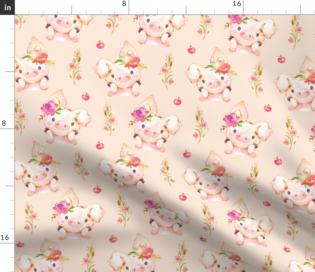Miss Piglet - Baby Girl Pig with Flowers & Apples (blush) - LARGER Scale