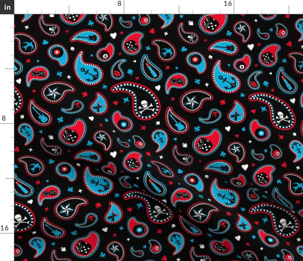 Death by Paisley // Rockabilly Bandanna Jam © ZirkusDesign in Jet Black, Lipstick Red, and Sky Blue