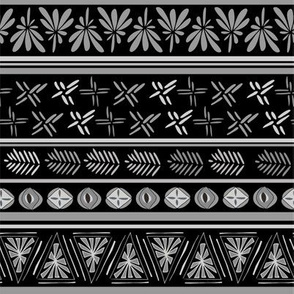 Bohemian Girl Mud Cloth: Black & White, feathers, rows of nuts