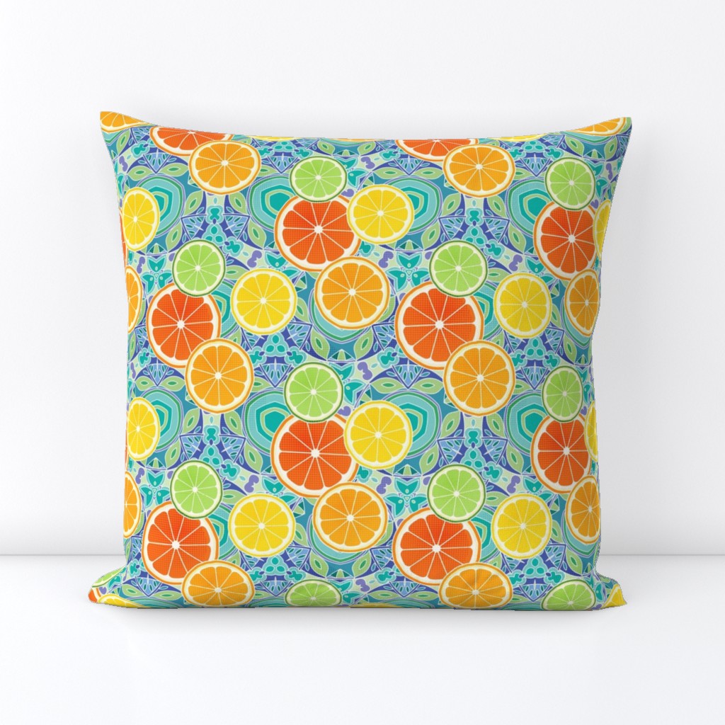 Pop Art Citrus Cottage Core Blue Green Kaleidoscope Background Small Scale