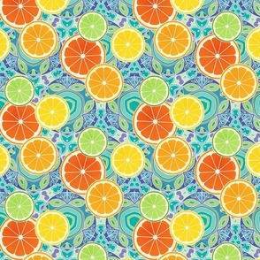 Pop Art Citrus Cottage Core Blue Green Kaleidoscope Background Small Scale