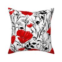 Red Poppy Field Black Leaves White Large Scale