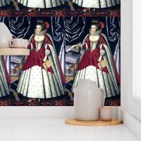 Queen Elizabeth 1 inspired princesses Queens renaissance Tudor big lace ruff collar baroque pearls red white gown crown tiara castle palace fur cape beauty carpets curtains fans gloves Elizabethan era 16th century 17th century historical embroidery ornate