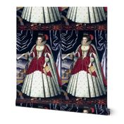 Queen Elizabeth 1 inspired princesses Queens renaissance Tudor big lace ruff collar baroque pearls red white gown crown tiara castle palace fur cape beauty carpets curtains fans gloves Elizabethan era 16th century 17th century historical embroidery ornate