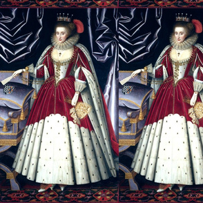 Queen Elizabeth 1 inspired princesses Queens renaissance Tudor big lace ruff collar baroque pearls red white gown crown tiara castle palace fur cape beauty carpets curtains fans gloves Elizabethan era 16th century 17th century historical embroidery ornate