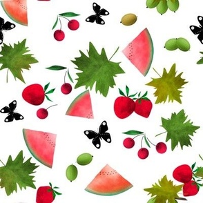 Watercolor strawberries and watermelon berries and fruit 