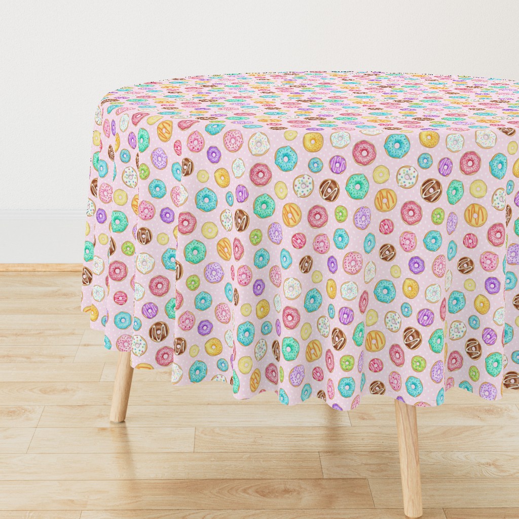 Scattered Rainbow Donuts on pale pink spotty - medium scale
