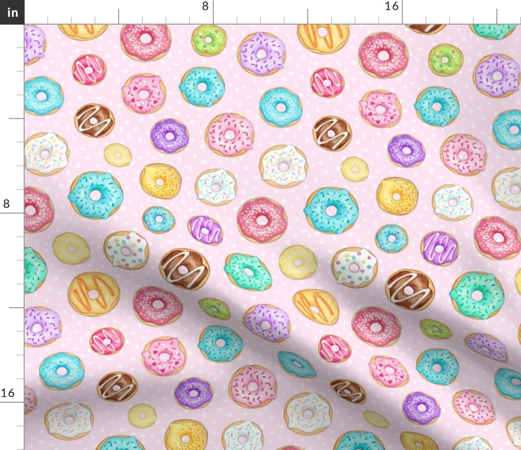 Scattered Rainbow Donuts on pale pink spotty - medium scale