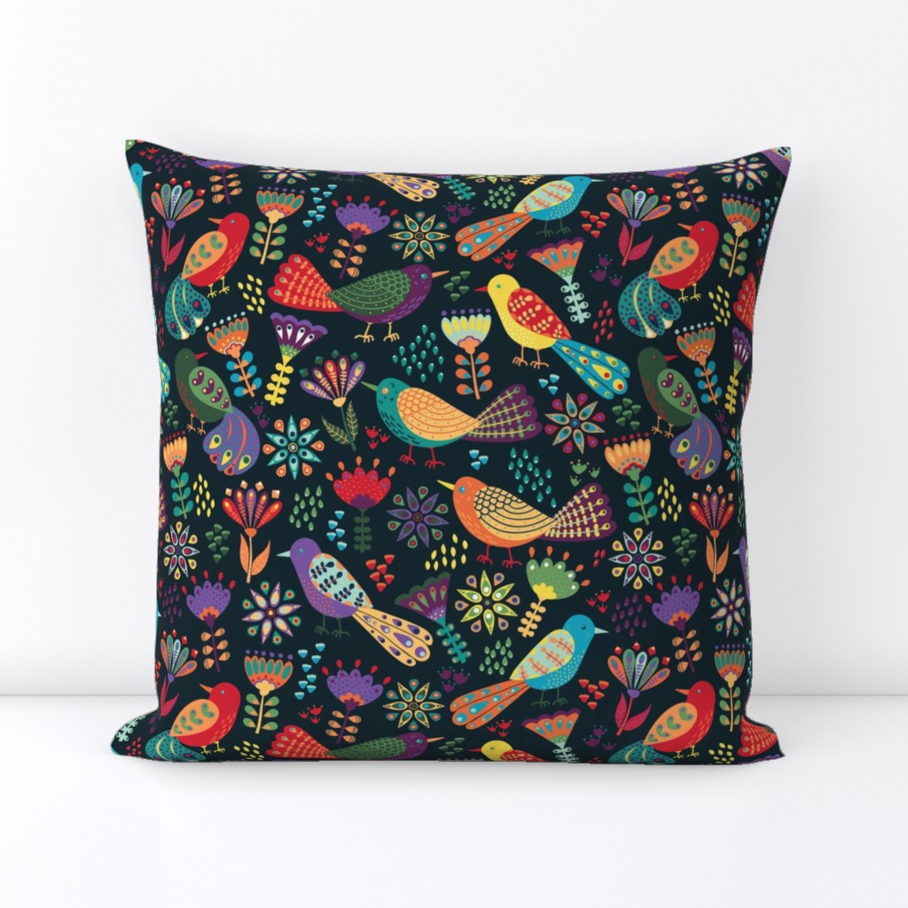 Colorful Folk Birds and Flowers, Playful and Happy Animals on Dark Background