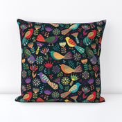 Colorful Folk Birds and Flowers, Playful and Happy Animals on Dark Background