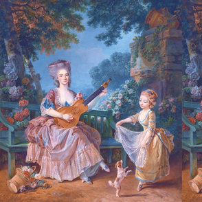 Marie Antoinette inspired pink gowns lace baroque victorian beautiful lady woman beauty garden flowers floral trees sky girl children dogs music dancing  guitar lute puppy clouds roses bows portraits musician ballgowns rococo  elegant gothic lolita egl 18