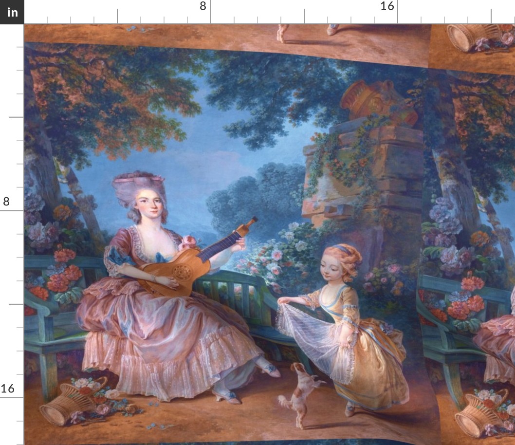 Marie Antoinette inspired pink gowns lace baroque victorian beautiful lady woman beauty garden flowers floral trees sky girl children dogs music dancing  guitar lute puppy clouds roses bows portraits musician ballgowns rococo  elegant gothic lolita egl 18