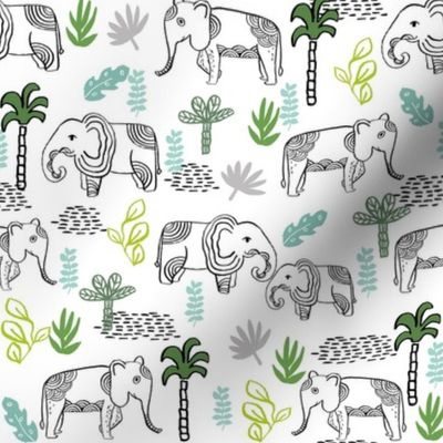 elephant jungle fabric - tropical elephant fabric, elephant palms, tropical fabric - palm trees -  white