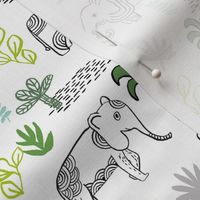 elephant jungle fabric - tropical elephant fabric, elephant palms, tropical fabric - palm trees -  white