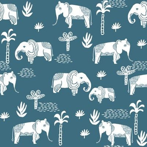elephant jungle fabric - tropical elephant fabric, elephant palms, tropical fabric - palm trees -  petrol