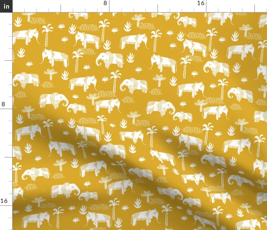 elephant jungle fabric - tropical elephant fabric, elephant palms, tropical fabric - palm trees -  yellow