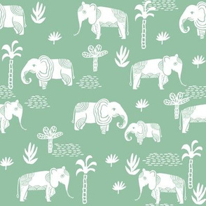 elephant jungle fabric - tropical elephant fabric, elephant palms, tropical fabric - palm trees -  mint