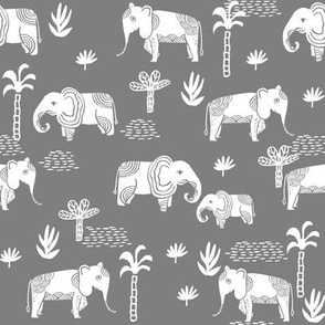 elephant jungle fabric - tropical elephant fabric, elephant palms, tropical fabric - palm trees -  med. grey
