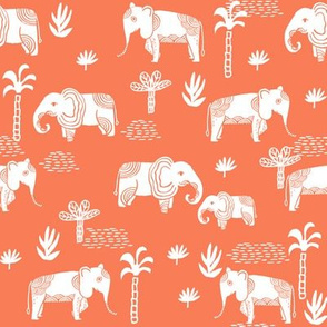 elephant jungle fabric - tropical elephant fabric, elephant palms, tropical fabric - palm trees -  salmon