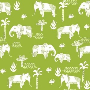 elephant jungle fabric - tropical elephant fabric, elephant palms, tropical fabric - palm trees -  lime green