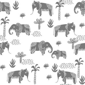 elephant jungle fabric - tropical elephant fabric, elephant palms, tropical fabric - palm trees -  grey on white