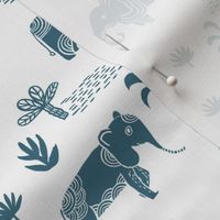elephant jungle fabric - tropical elephant fabric, elephant palms, tropical fabric - palm trees -  petrol on white