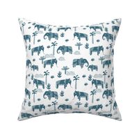 elephant jungle fabric - tropical elephant fabric, elephant palms, tropical fabric - palm trees -  petrol on white