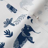 elephant jungle fabric - tropical elephant fabric, elephant palms, tropical fabric - palm trees -  navy on white