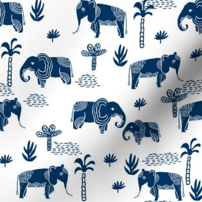 elephant jungle fabric - tropical elephant fabric, elephant palms, tropical fabric - palm trees -  navy on white