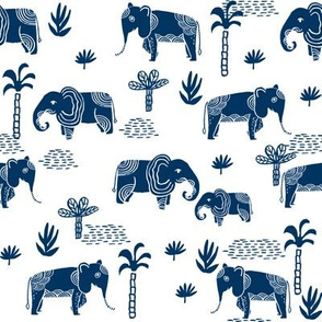 elephant jungle fabric - tropical elephant fabric, elephant palms, tropical fabric - palm trees -  navy on white