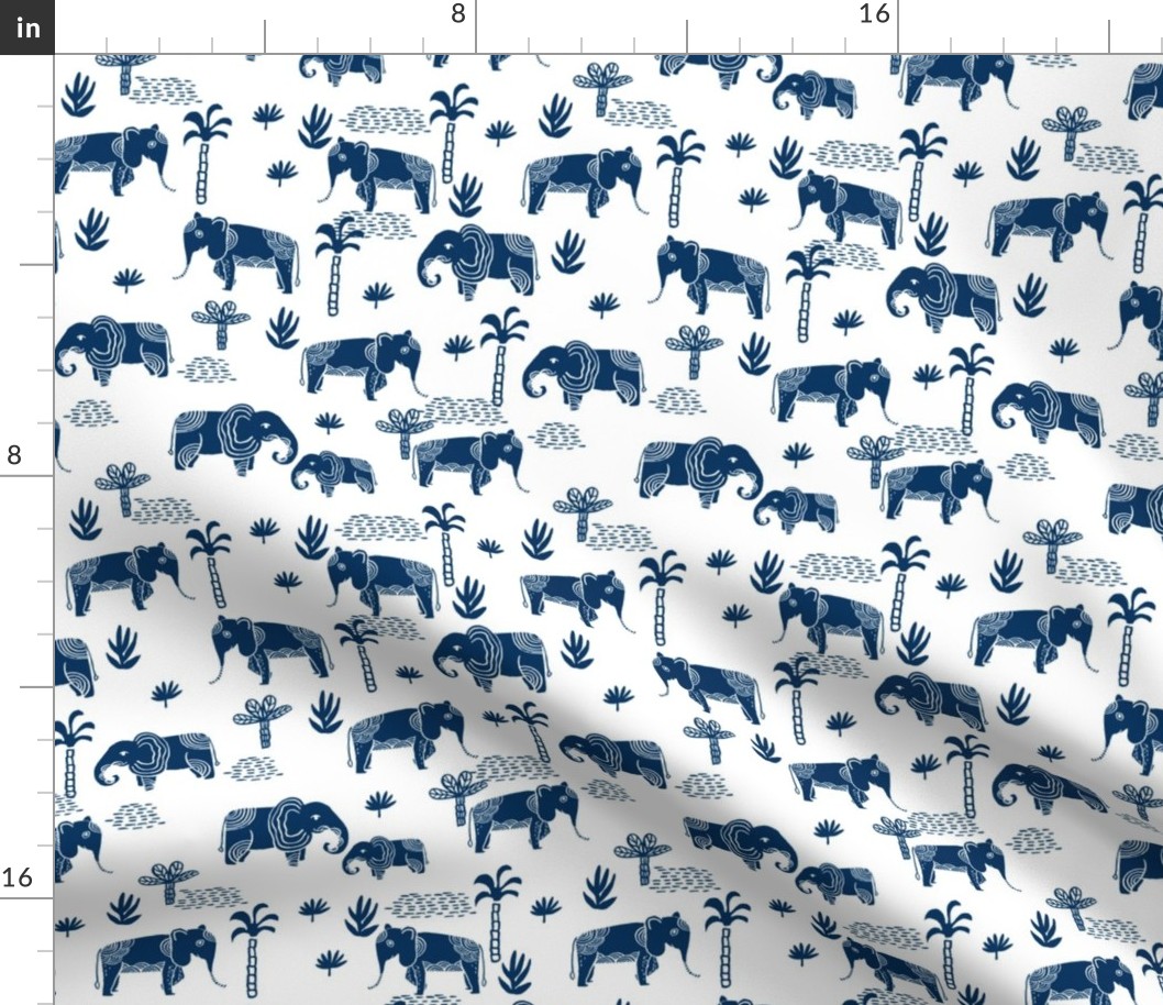 elephant jungle fabric - tropical elephant fabric, elephant palms, tropical fabric - palm trees -  navy on white