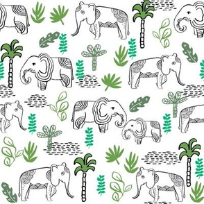 elephant jungle fabric - tropical elephant fabric, elephant palms, tropical fabric - palm trees -  white and green