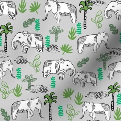 elephant jungle fabric - tropical elephant fabric, elephant palms, tropical fabric - palm trees -  grey