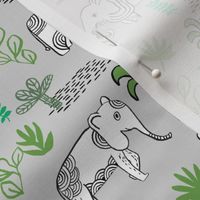 elephant jungle fabric - tropical elephant fabric, elephant palms, tropical fabric - palm trees -  grey