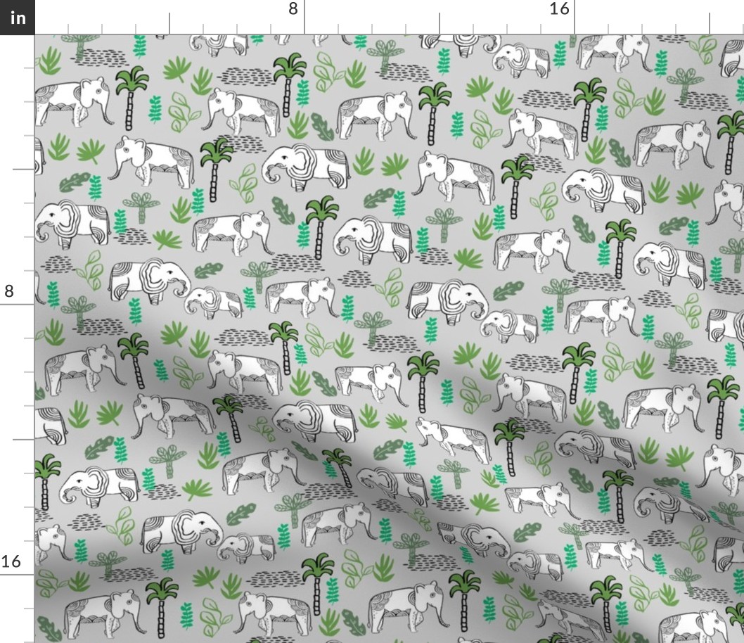 elephant jungle fabric - tropical elephant fabric, elephant palms, tropical fabric - palm trees -  grey