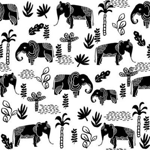 elephant jungle fabric - tropical elephant fabric, elephant palms, tropical fabric - palm trees -  black and white