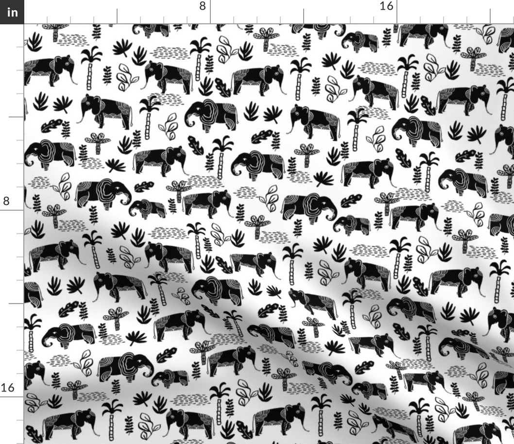 elephant jungle fabric - tropical elephant fabric, elephant palms, tropical fabric - palm trees -  black and white