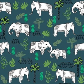 elephant jungle fabric - tropical elephant fabric, elephant palms, tropical fabric - palm trees -  navy
