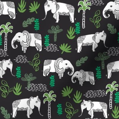 elephant jungle fabric - tropical elephant fabric, elephant palms, tropical fabric - palm trees -  dark