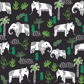 elephant jungle fabric - tropical elephant fabric, elephant palms, tropical fabric - palm trees -  dark