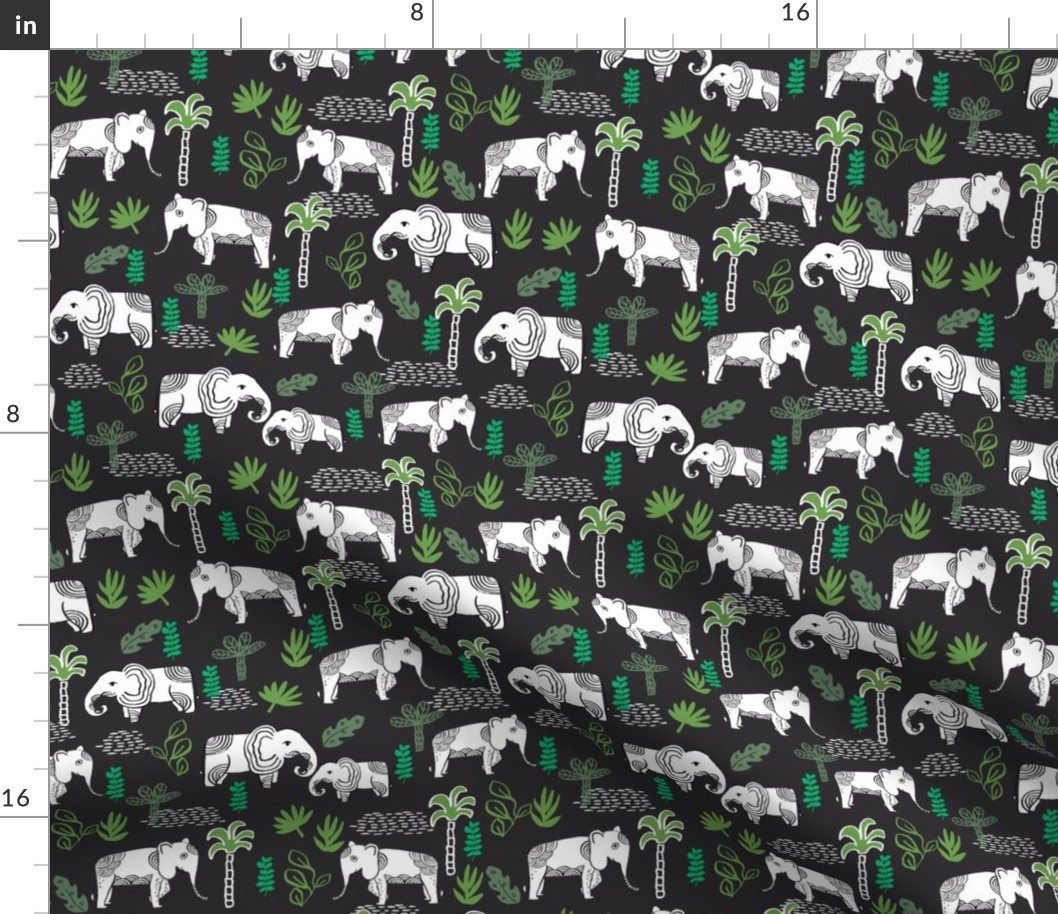 elephant jungle fabric - tropical elephant fabric, elephant palms, tropical fabric - palm trees -  dark