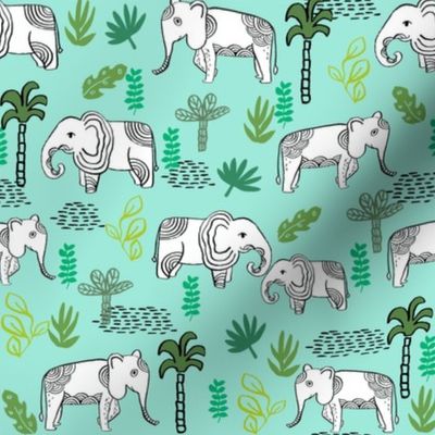 elephant jungle fabric - tropical elephant fabric, elephant palms, tropical fabric - palm trees -  mint and green