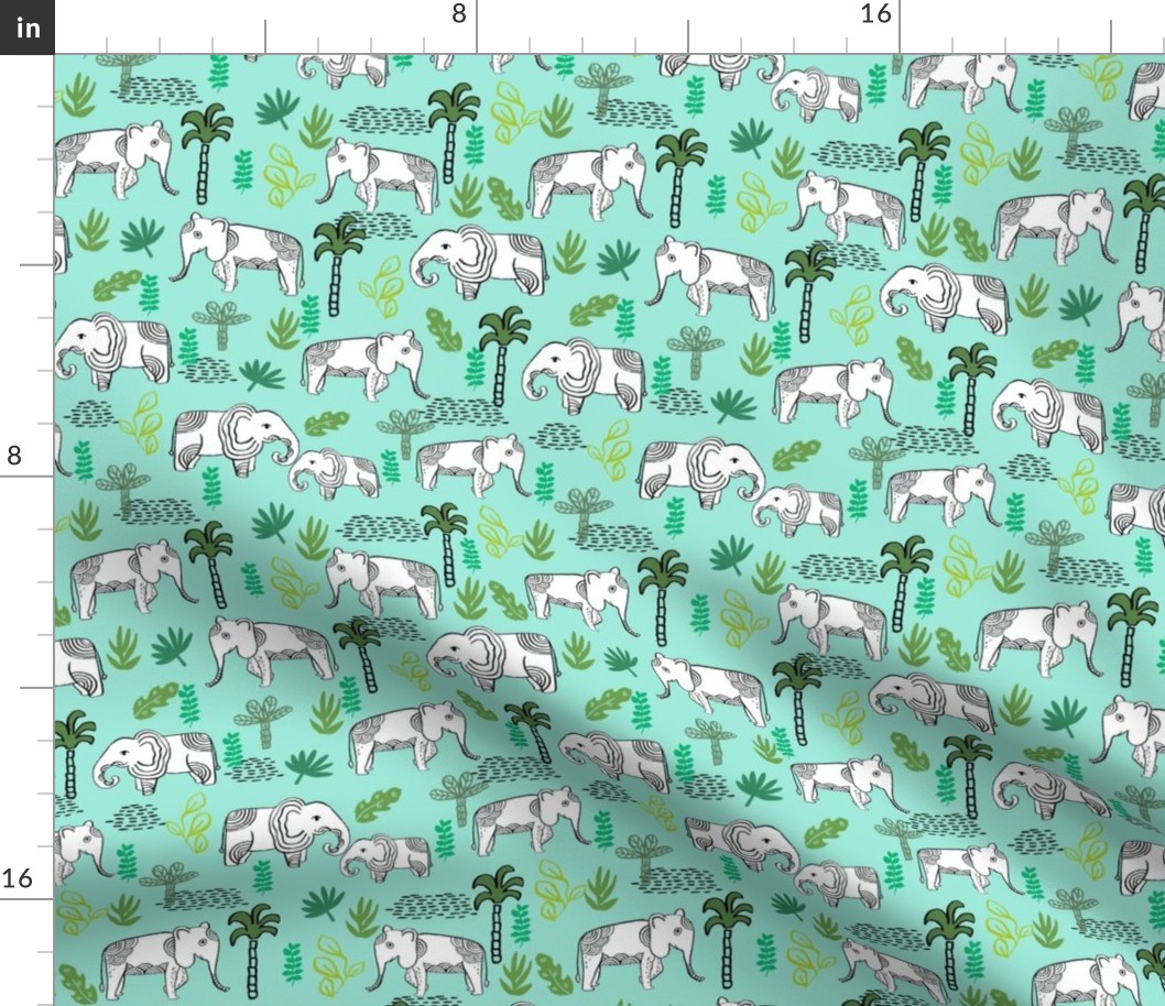 elephant jungle fabric - tropical elephant fabric, elephant palms, tropical fabric - palm trees -  mint and green