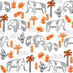 elephant jungle fabric - tropical elephant fabric, elephant palms, tropical fabric - palm trees -  white and orange