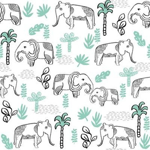 elephant jungle fabric - tropical elephant fabric, elephant palms, tropical fabric - palm trees -  white and mint
