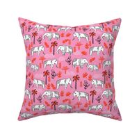 elephant jungle fabric - tropical elephant fabric, elephant palms, tropical fabric - palm trees -  pink and red