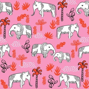 elephant jungle fabric - tropical elephant fabric, elephant palms, tropical fabric - palm trees -  pink and red