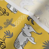 elephant jungle fabric - tropical elephant fabric, elephant palms, tropical fabric - palm trees -  yellow