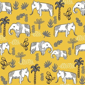 elephant jungle fabric - tropical elephant fabric, elephant palms, tropical fabric - palm trees -  yellow