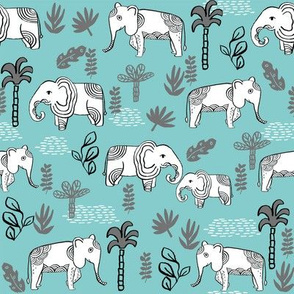 elephant jungle fabric - tropical elephant fabric, elephant palms, tropical fabric - palm trees -  blue and grey